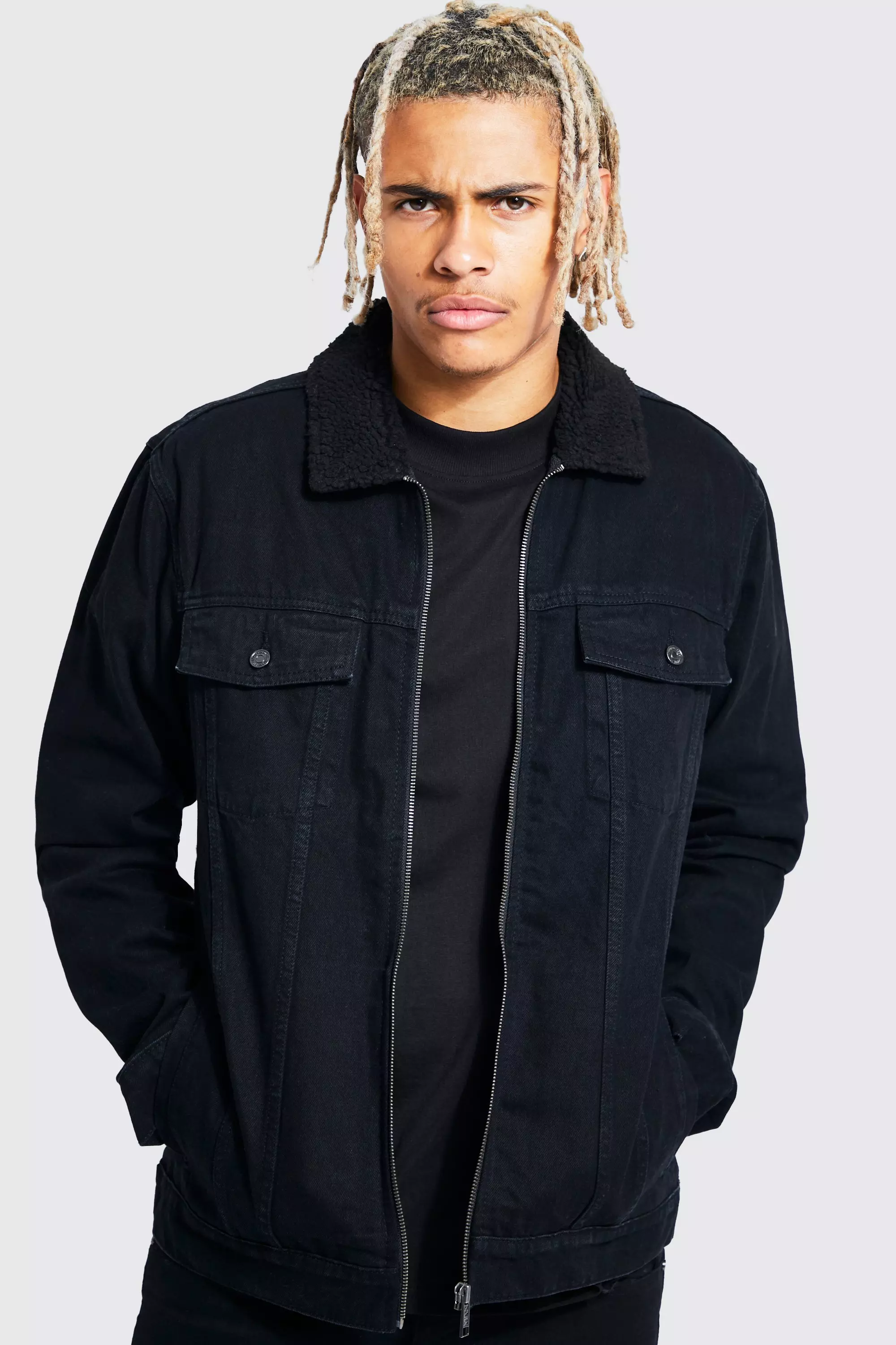 Mens black denim on sale jacket borg collar